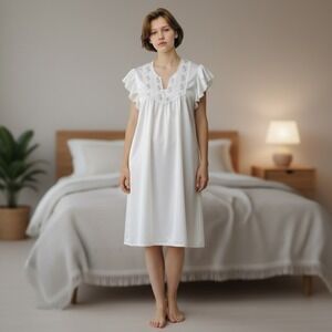 Barbizon Vintage White Floral Embroidered Nightgown Nightie Ruffle Sleeve Medium